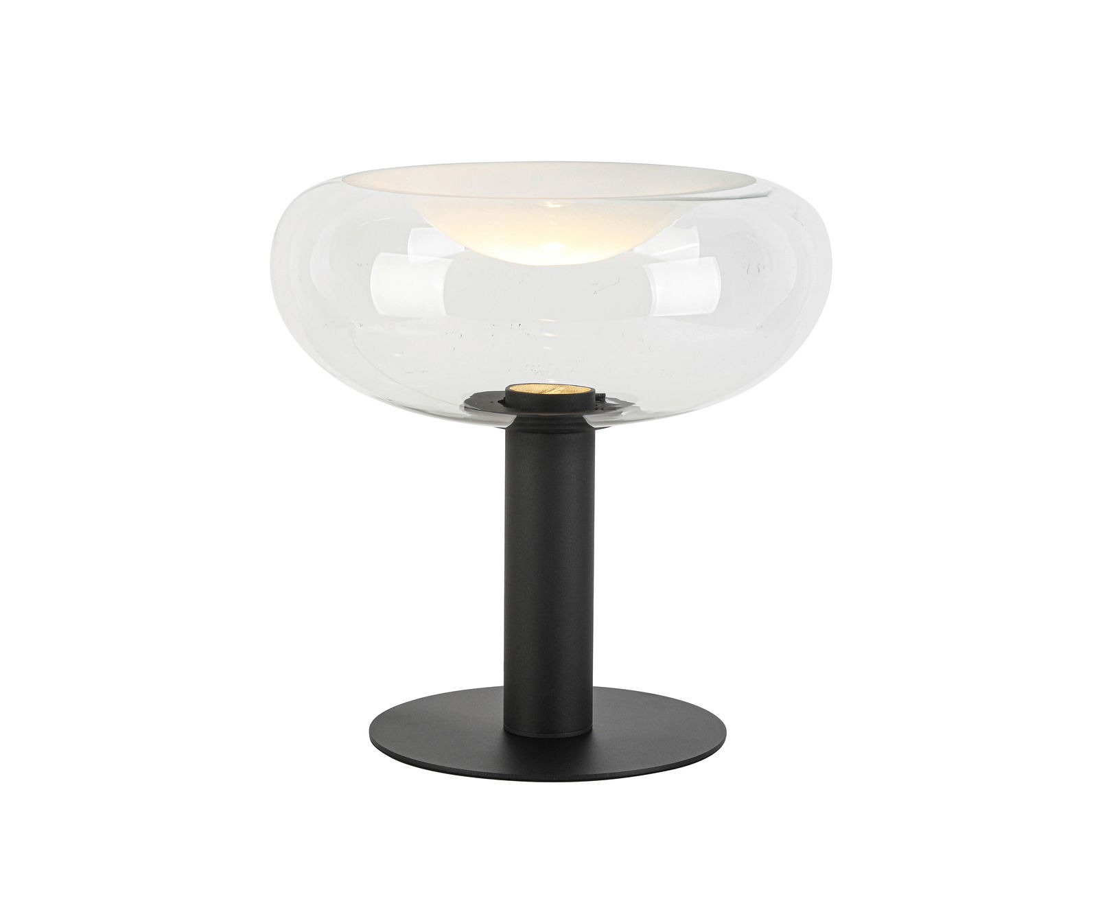 Moderne Tischleuchte mit klarem Glas und schwarzem Sockel, seitliche Perspektive