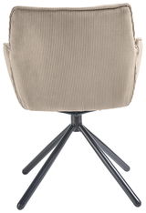 Rückansicht eines Armlehnstuhls mit geripptem Stoffbezug und schwarzem Metallgestell.