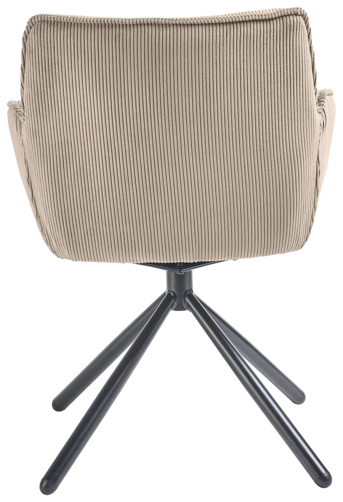 Rückansicht eines Armlehnstuhls mit geripptem Stoffbezug und schwarzem Metallgestell.