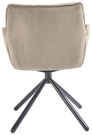 Rückansicht eines Armlehnstuhls mit geripptem Stoffbezug und schwarzem Metallgestell.