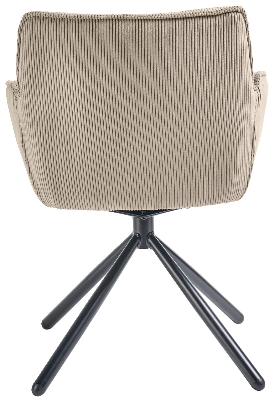 Rückansicht eines Armlehnstuhls mit geripptem Stoffbezug und schwarzem Metallgestell.