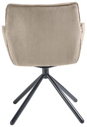 Rückansicht eines Armlehnstuhls mit geripptem Stoffbezug und schwarzem Metallgestell.