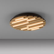 Moderne Deckenleuchte mit Holzlamellen und integrierter Beleuchtung, seitliche Perspektive