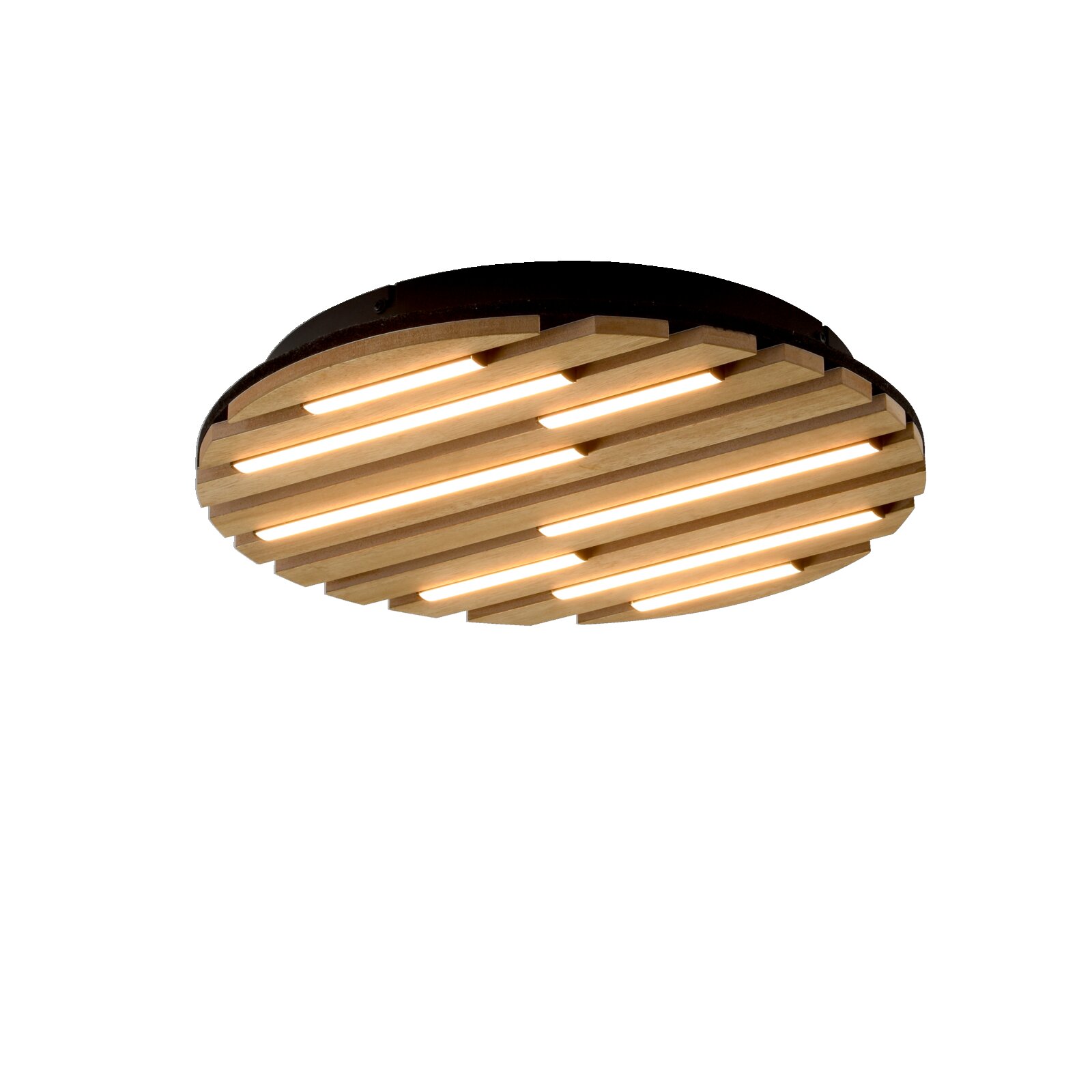 Moderne plafondlamp met houten lamellen en ingebouwde verlichting, zijaanzicht