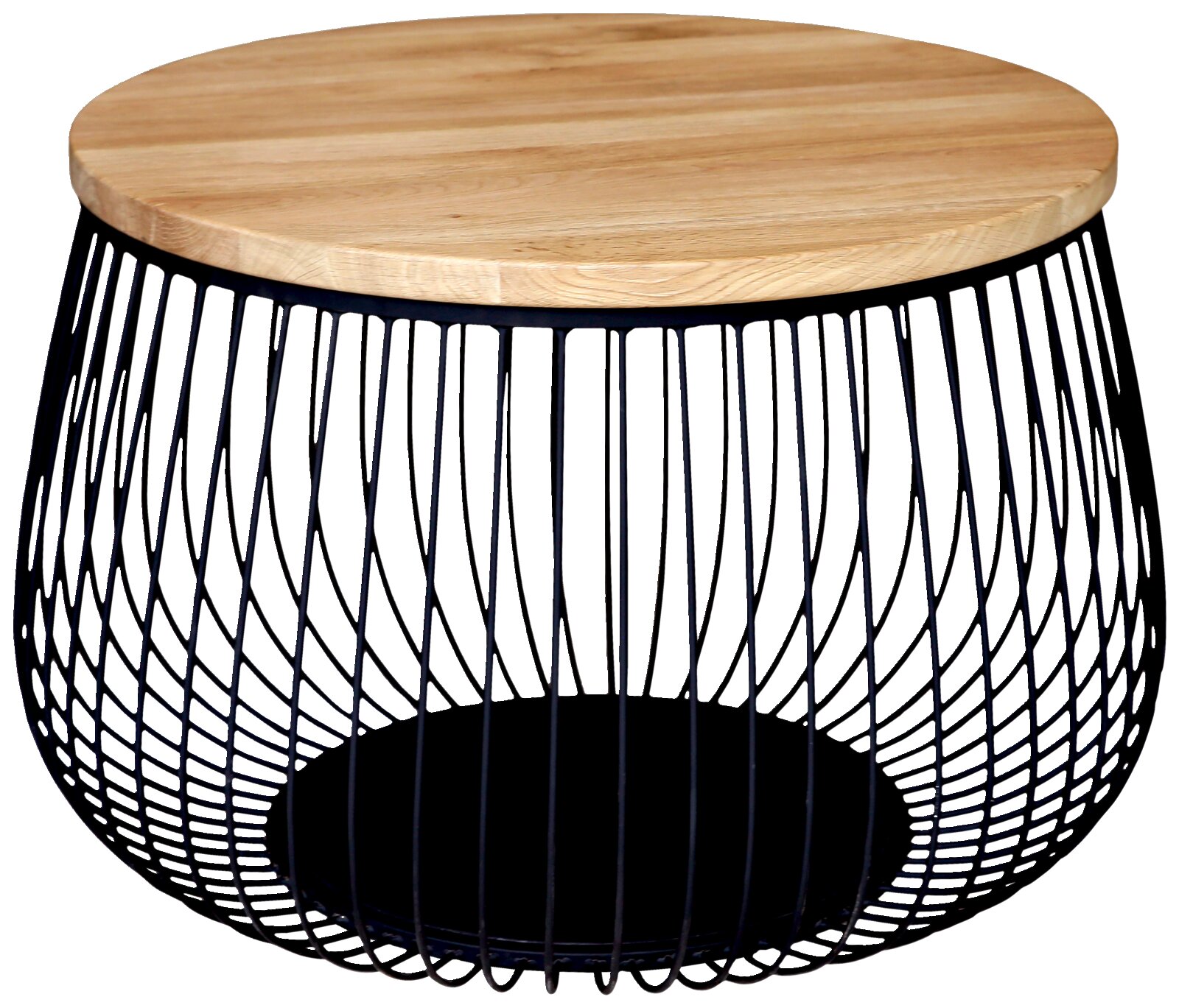 Moderner Couchtisch mit rundem Holzdeckel und schwarzem Drahtgestell, seitliche Perspektive