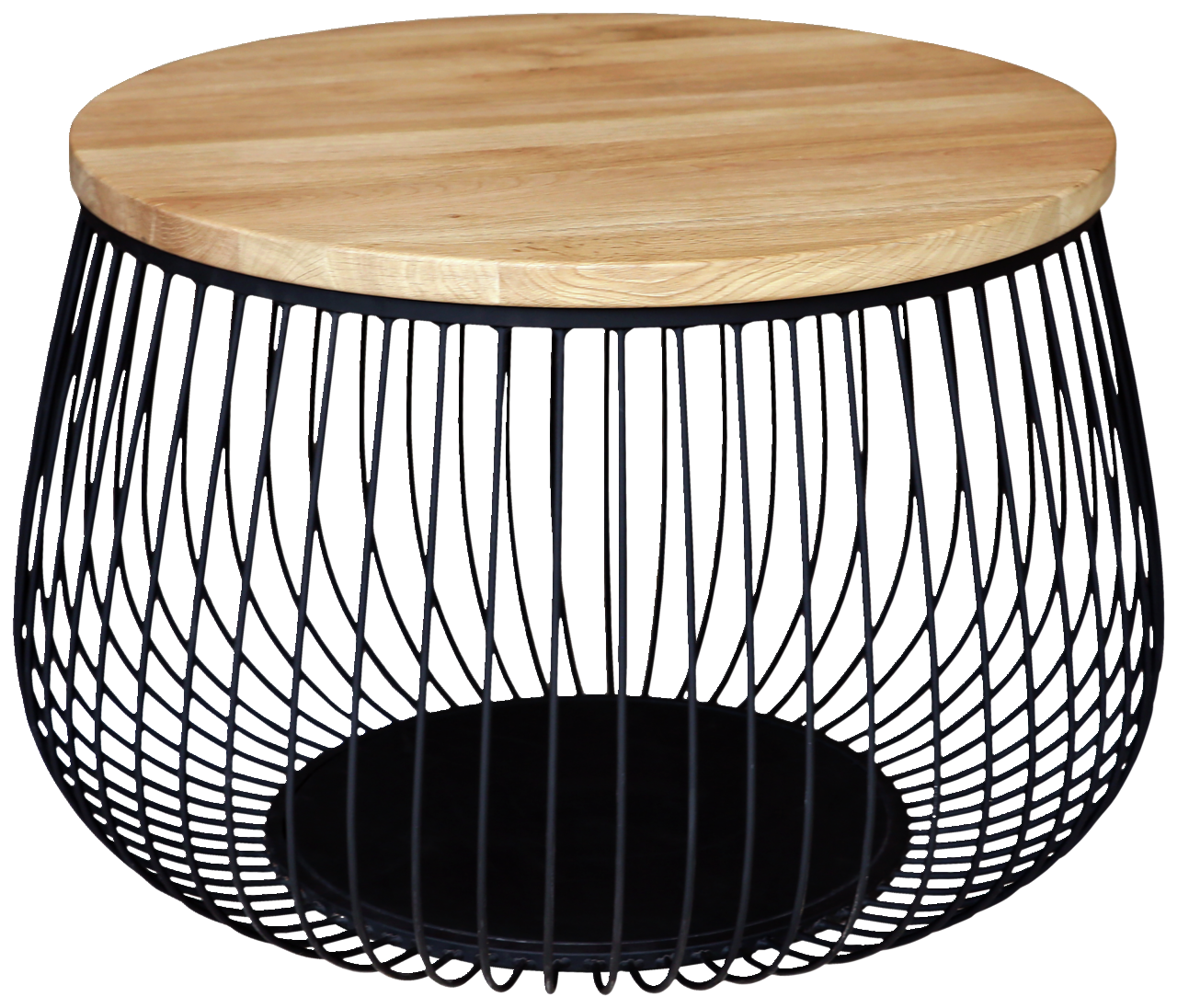 Novel Couchtisch BASKET Moderner Couchtisch mit rundem Holzdeckel und schwarzem Drahtgestell, seitliche Perspektive