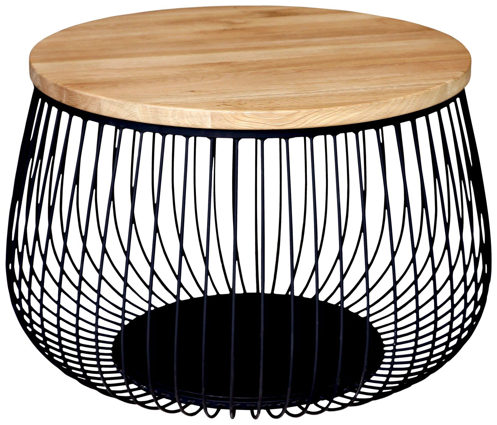 Novel Couchtisch BASKET Moderner Couchtisch mit rundem Holzdeckel und schwarzem Drahtgestell, seitliche Perspektive