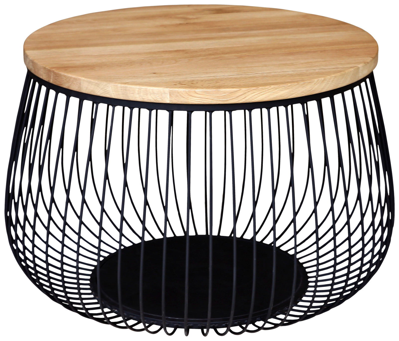 Moderner Couchtisch mit rundem Holzdeckel und schwarzem Drahtgestell, seitliche Perspektive