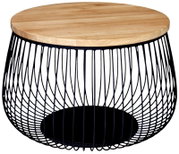 Moderner Couchtisch mit rundem Holzdeckel und schwarzem Drahtgestell, seitliche Perspektive
