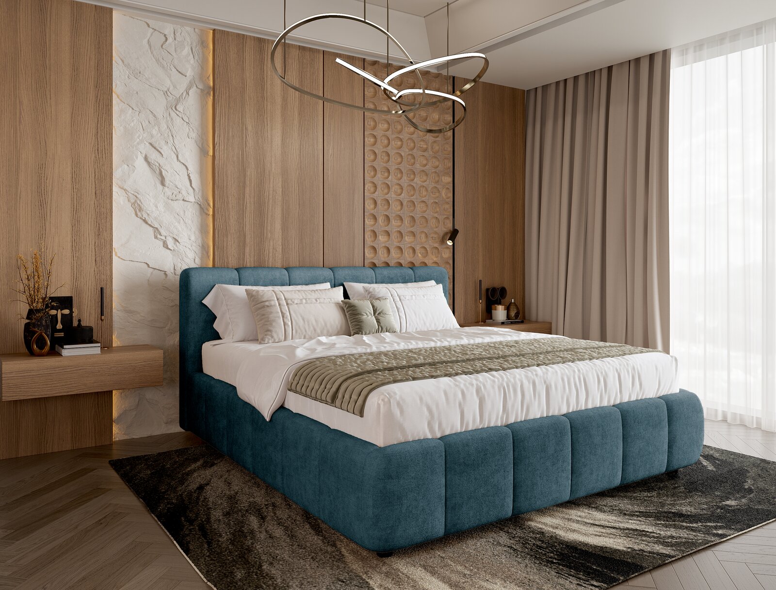 Modernes Polsterbettgestell in einem stilvollen Schlafzimmer, seitliche Perspektive.