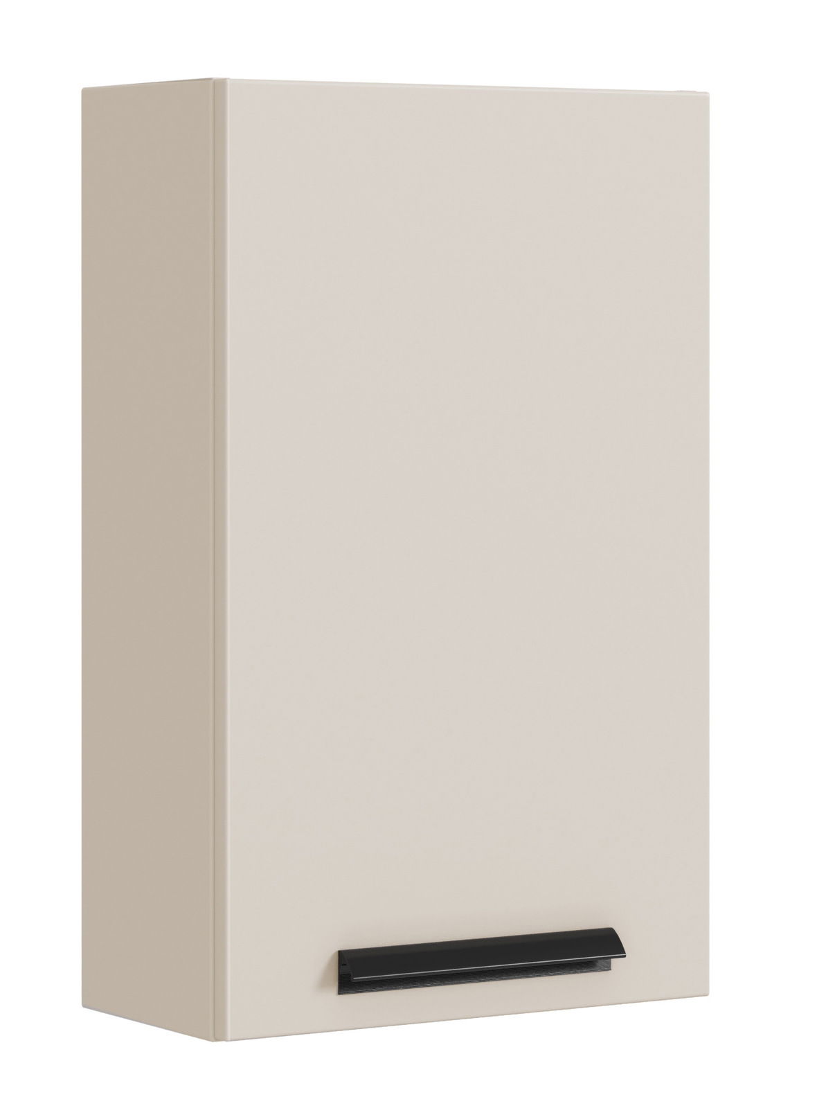 Beigefarbener Hängeschrank mit schwarzem Griff, seitliche Perspektive