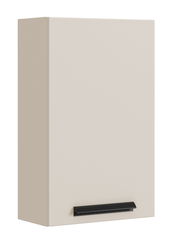 Beigefarbener Hängeschrank mit schwarzem Griff, seitliche Perspektive