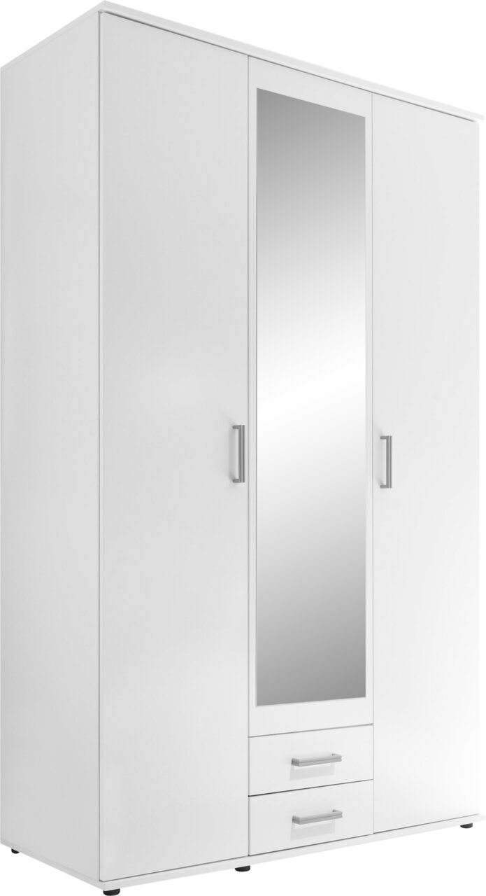 Z2 Drehtürenschrank 3-türig KARL Weißer dreitüriger Drehtürenschrank mit mittigem Spiegel und zwei Schubladen, seitliche Perspektive
