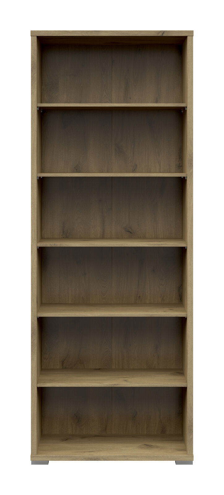 Frontale Ansicht eines breiten Aktenregals mit sechs offenen Fächern in Holzoptik.