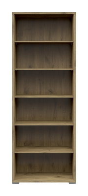 Frontale Ansicht eines breiten Aktenregals mit sechs offenen Fächern in Holzoptik.