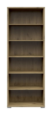 Frontale Ansicht eines breiten Aktenregals mit sechs offenen Fächern in Holzoptik.