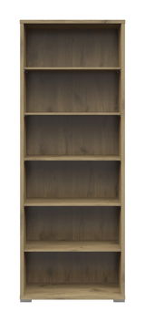 Frontale Ansicht eines breiten Aktenregals mit sechs offenen Fächern in Holzoptik.