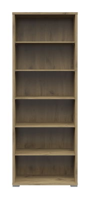 Frontale Ansicht eines breiten Aktenregals mit sechs offenen Fächern in Holzoptik.