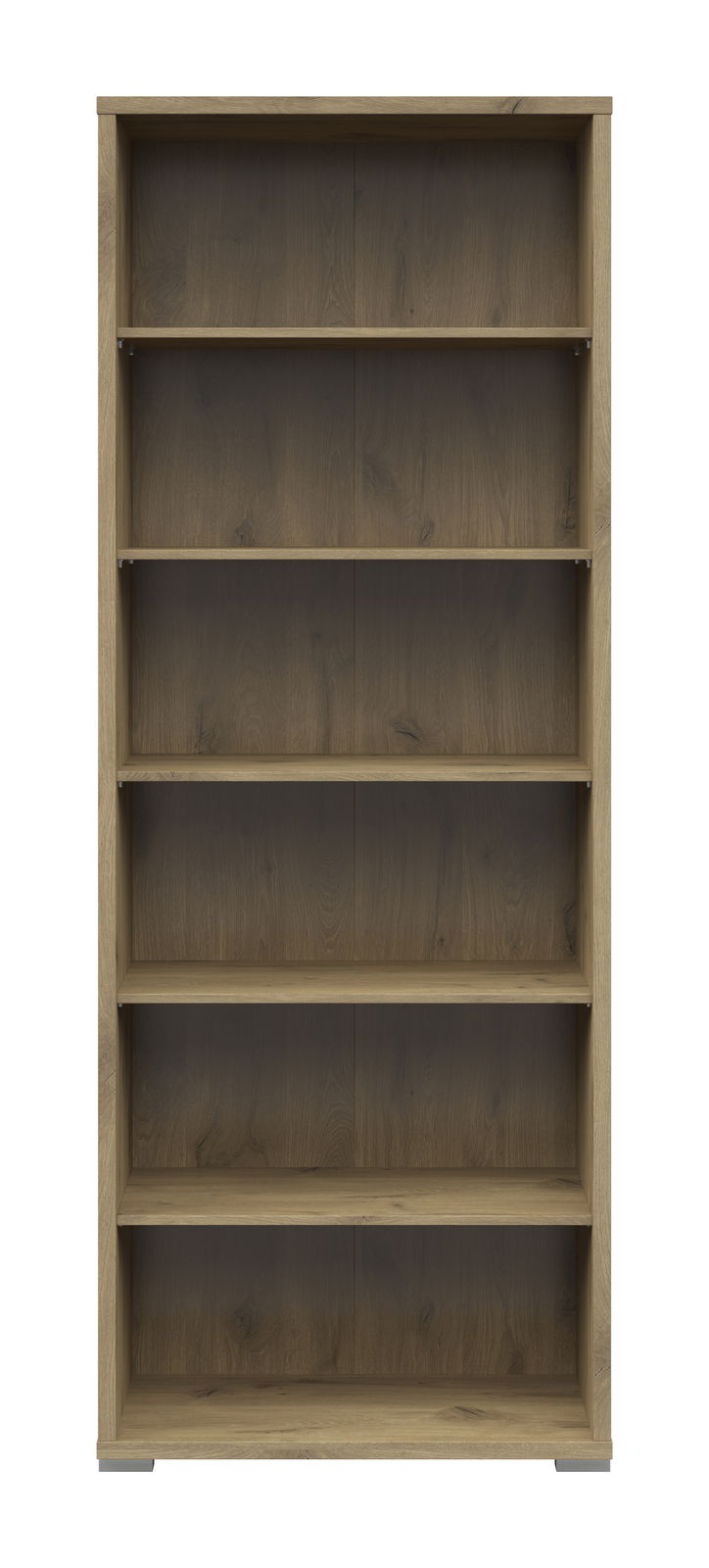 Frontale Ansicht eines breiten Aktenregals mit sechs offenen Fächern in Holzoptik.