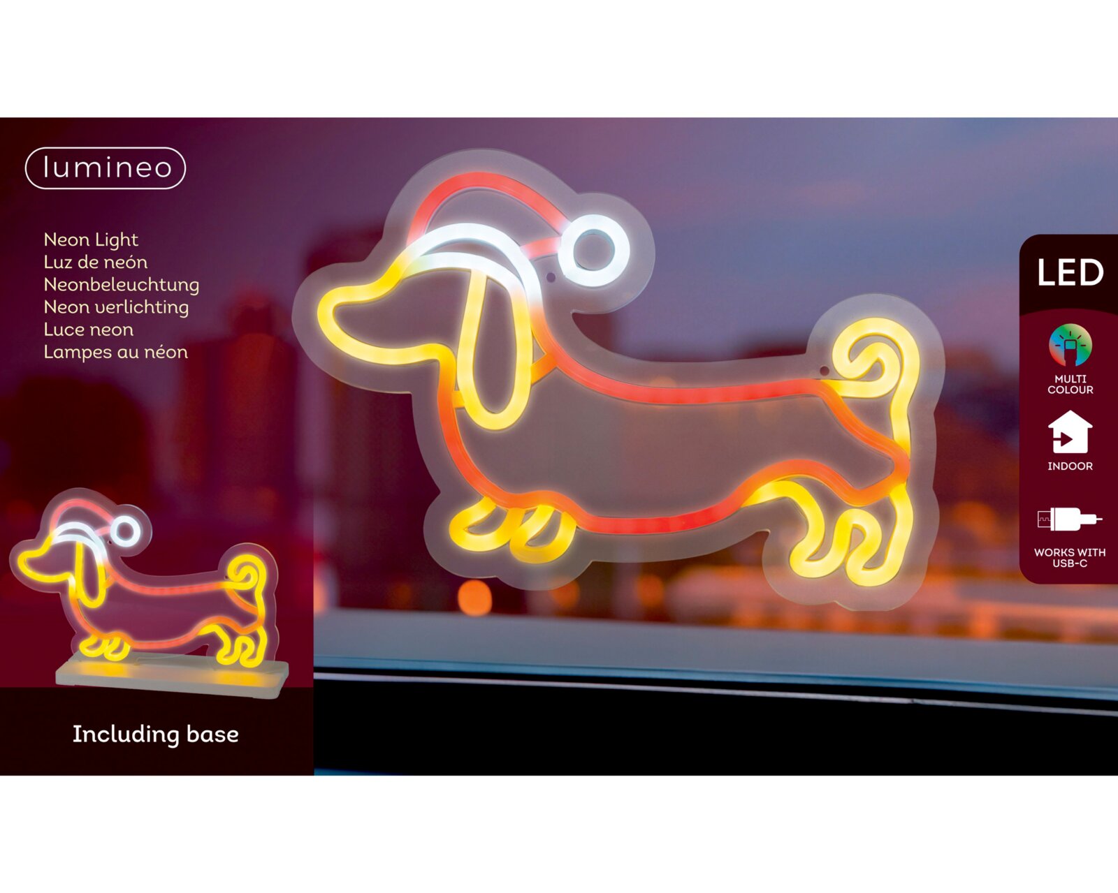 Frontalansicht einer mehrfarbig leuchtenden Lumineo LED-Neonleuchte in Dackelform mit Standfuß für den Innenbereich und USB-C-Anschluss