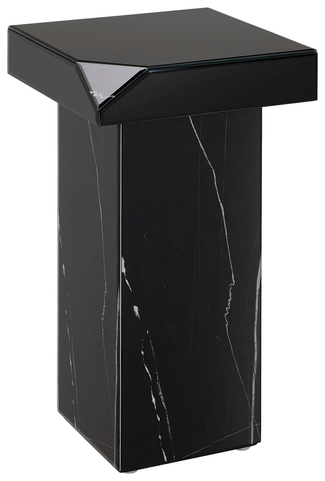 Schwarzer Beistelltisch mit glänzender Oberfläche und Marmoroptik, seitliche Perspektive