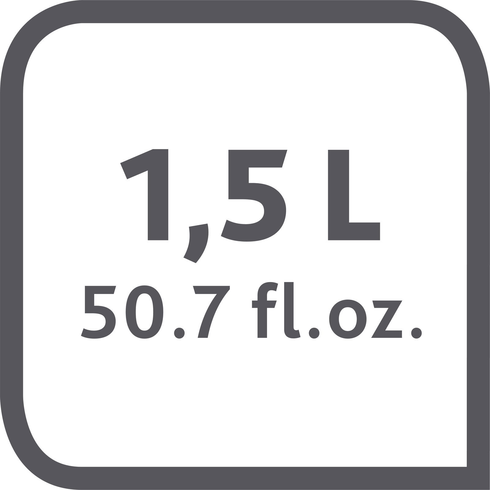 Grafik mit der Aufschrift 1,5 L und 50,7 fl. oz. in einer quadratischen Umrandung, Draufsicht.