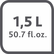 Grafik mit der Aufschrift 1,5 L und 50,7 fl. oz. in einer quadratischen Umrandung, Draufsicht.