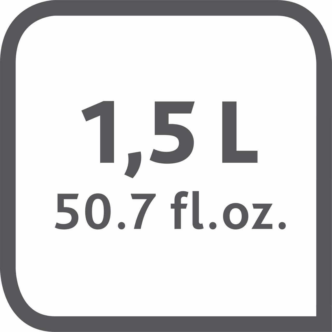 Afbeelding met de tekst 1,5 l en 50,7 fl. oz. in een vierkante kader, bovenaanzicht.