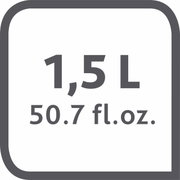 Afbeelding met de tekst 1,5 l en 50,7 fl. oz. in een vierkante kader, bovenaanzicht.