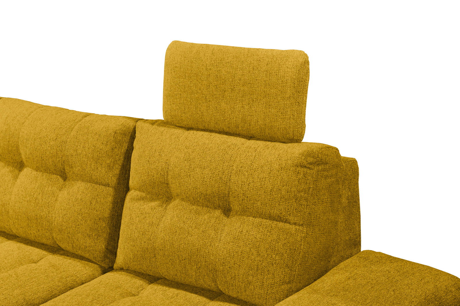 Gelbes Sofa mit verstellbarer Kopfstütze, seitliche Perspektive