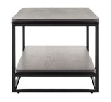 Moderner Anstelltisch mit zwei Ebenen aus Holz und Metallrahmen, Frontalansicht.