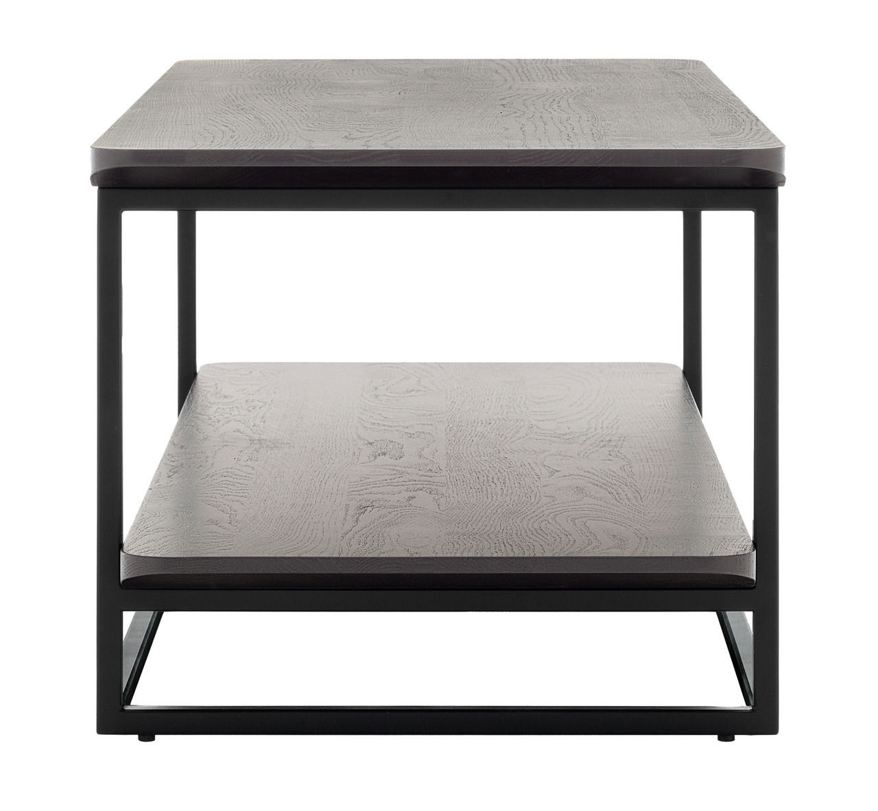 Moderner Anstelltisch mit zwei Ebenen aus Holz und Metallrahmen, Frontalansicht.