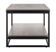 Moderner Anstelltisch mit zwei Ebenen aus Holz und Metallrahmen, Frontalansicht.