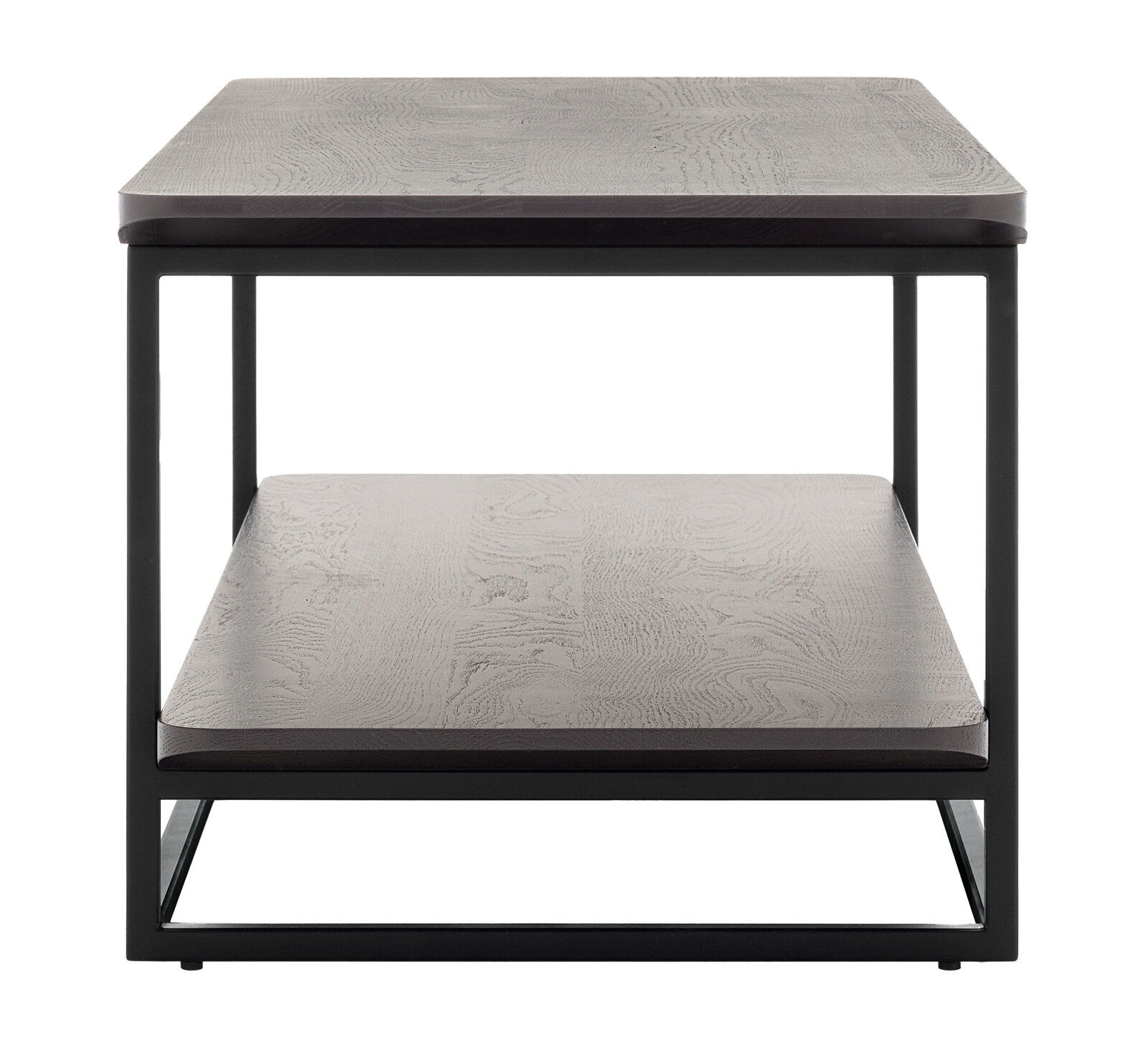 Moderner Anstelltisch mit zwei Ebenen aus Holz und Metallrahmen, Frontalansicht.