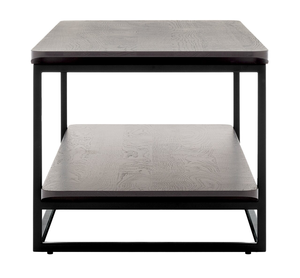 Moderner Anstelltisch mit zwei Ebenen aus Holz und Metallrahmen, Frontalansicht.