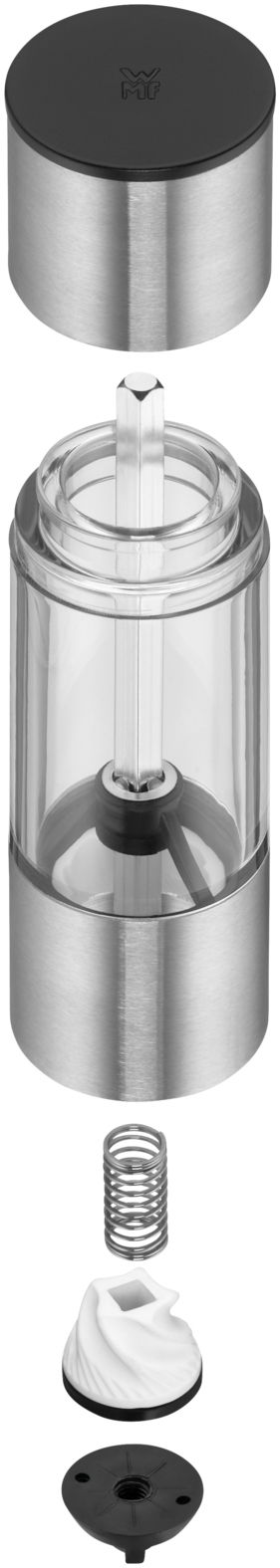 Explosionsansicht einer Minimühle aus Edelstahl und Glas mit abnehmbaren Teilen, von oben nach unten: Deckel, Behälter, Feder, Mahlwerk und Basis.