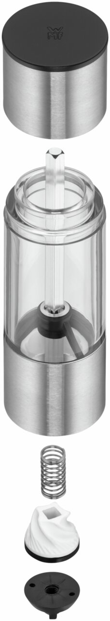 Explosionsansicht einer Minimühle aus Edelstahl und Glas mit abnehmbaren Teilen, von oben nach unten: Deckel, Behälter, Feder, Mahlwerk und Basis.