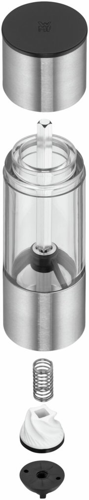 Explosietekening van een mini-molen van roestvrij staal en glas met afneembare onderdelen, van boven naar beneden: deksel, bak, veer, maalwerk en voetstuk.