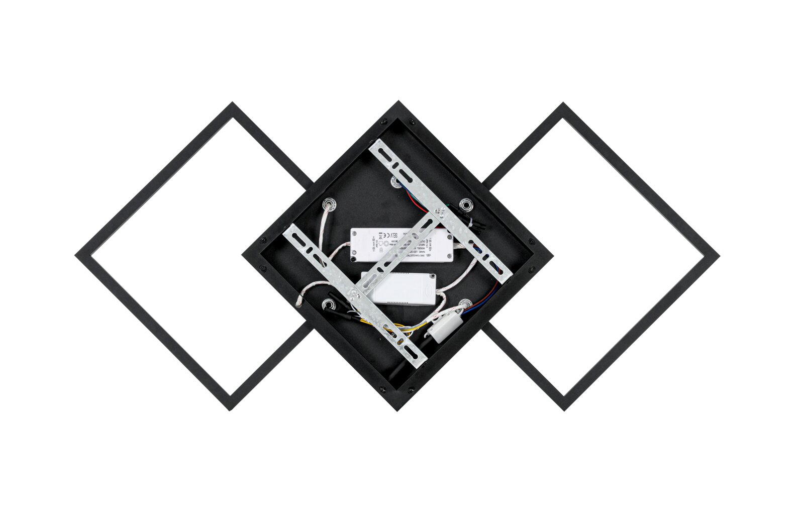 LED-plafondlamp in vierkante vorm, gezien van bovenaf, met zichtbare elektrische onderdelen en een zwart frame.