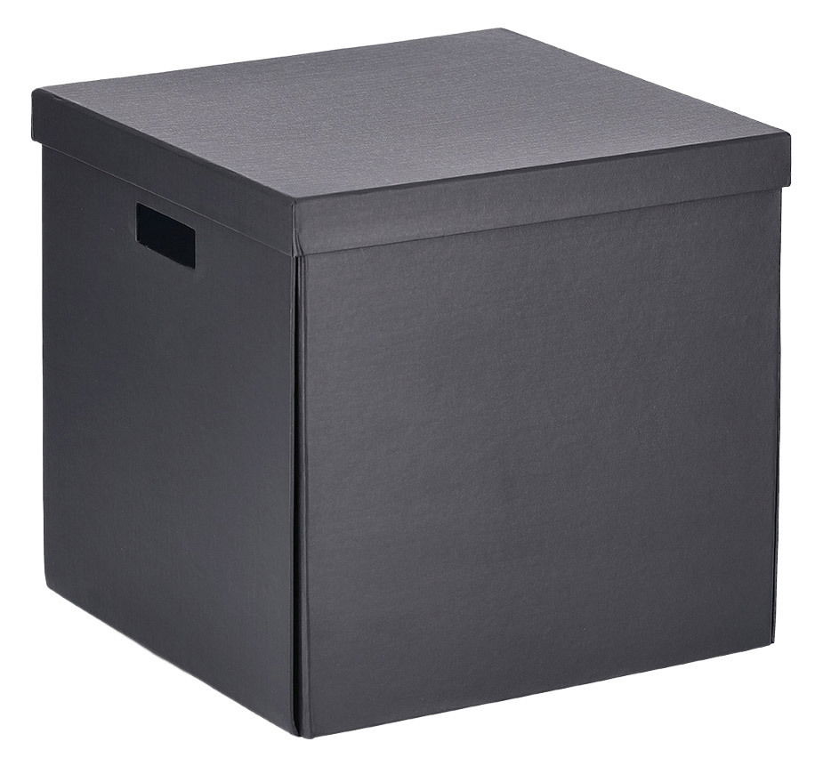 Schwarze Aufbewahrungsbox aus recyceltem Material, perspektivisch von vorne links fotografiert