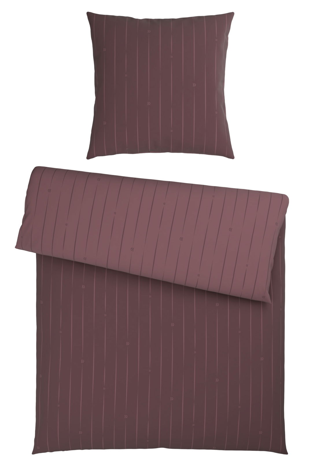 Wendebettwäsche-Set in dunklem Rot mit feinen vertikalen Streifen, bestehend aus einem Kissenbezug und einem Bettdeckenbezug, aus der Vogelperspektive.