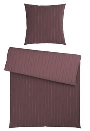 Wendebettwäsche-Set in dunklem Rot mit feinen vertikalen Streifen, bestehend aus einem Kissenbezug und einem Bettdeckenbezug, aus der Vogelperspektive.