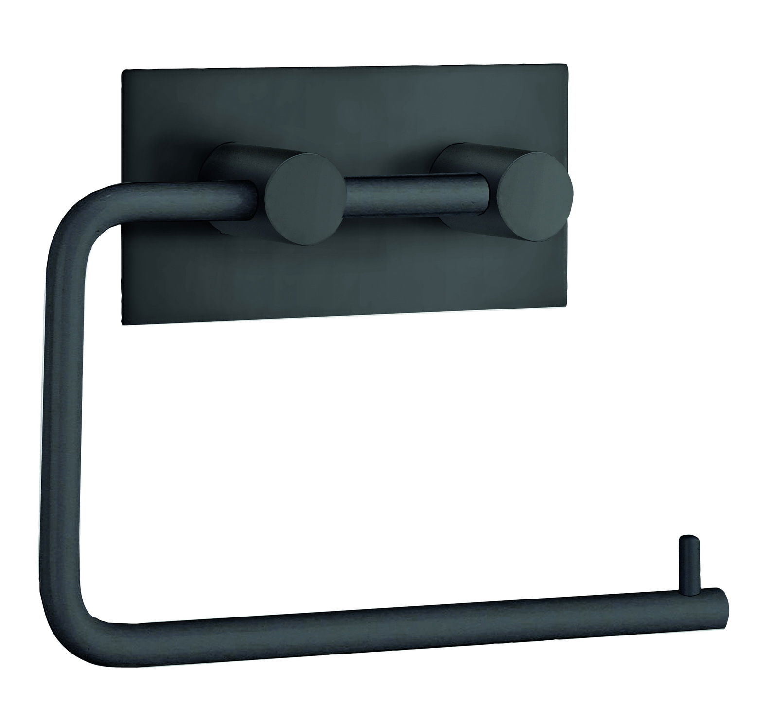 Moderner Toilettenpapierhalter aus Edelstahl in schwarzer Farbe, seitliche Perspektive.