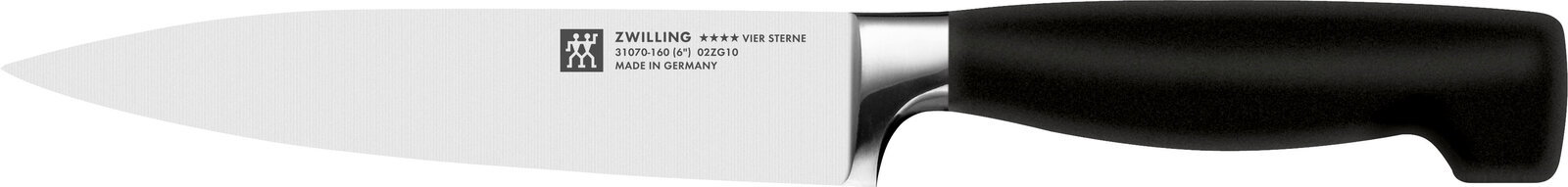 Küchenmesser mit schwarzem Griff und silberner Klinge, seitliche Ansicht