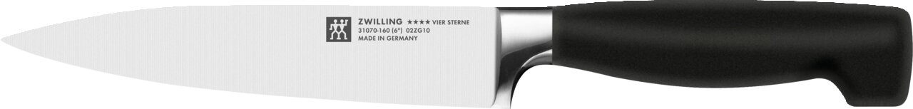 Küchenmesser mit schwarzem Griff und silberner Klinge, seitliche Ansicht