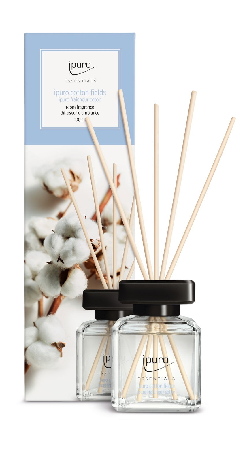 Raumduft Cotton Fields von ipuro, 100ml, mit Duftstäbchen in eleganter Glasflasche, Vorderansicht
