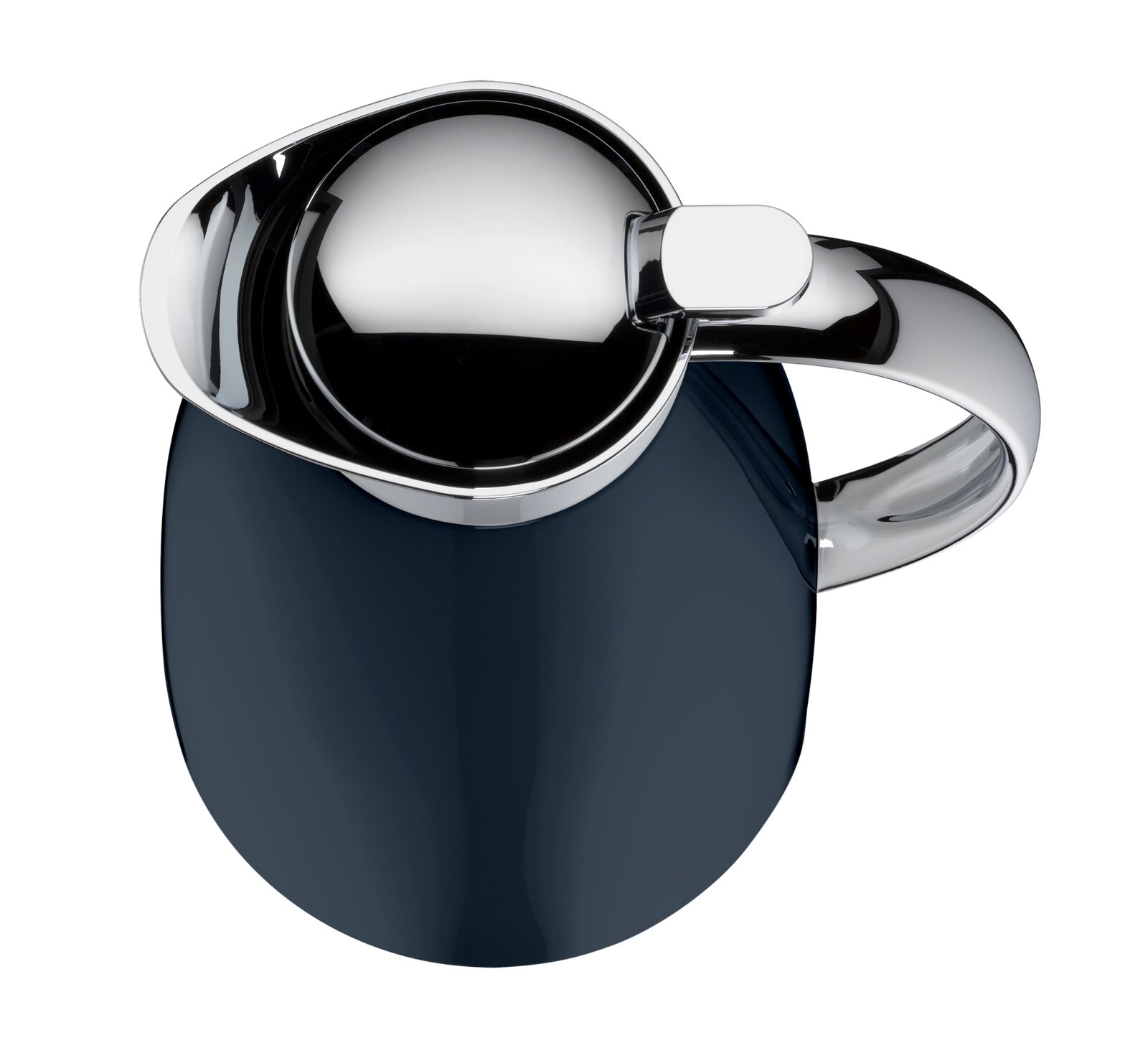 Dunkelblauer Isolierkrug/thermische Kanne mit glänzendem Chrom-Deckel und ergonomischem Griff, Produktansicht schräg von oben