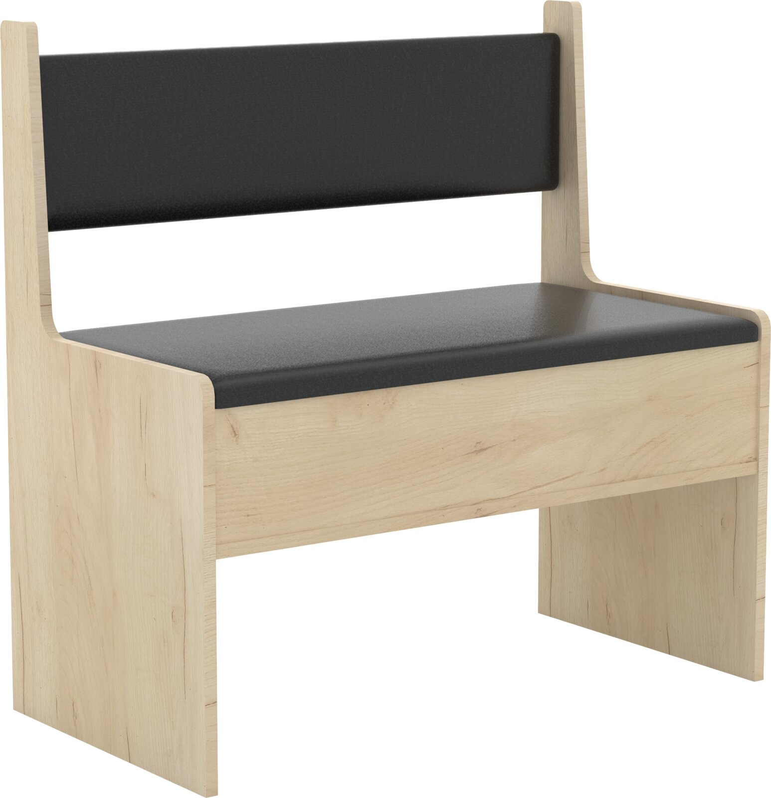 Holzbank mit schwarzer Sitz- und Rückenpolsterung, moderne gerade Form, freigestellt auf Weiß, Perspektive: schräg von vorne links (Nahaufnahme).