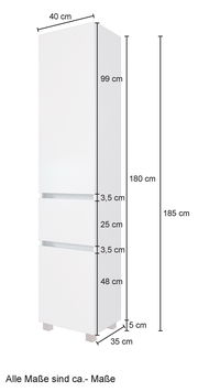 Hochschrank in Weiß mit zwei Schubladen und einem großen Fach, Maße: 185 cm hoch, 40 cm breit, 35 cm tief, seitliche Perspektive
