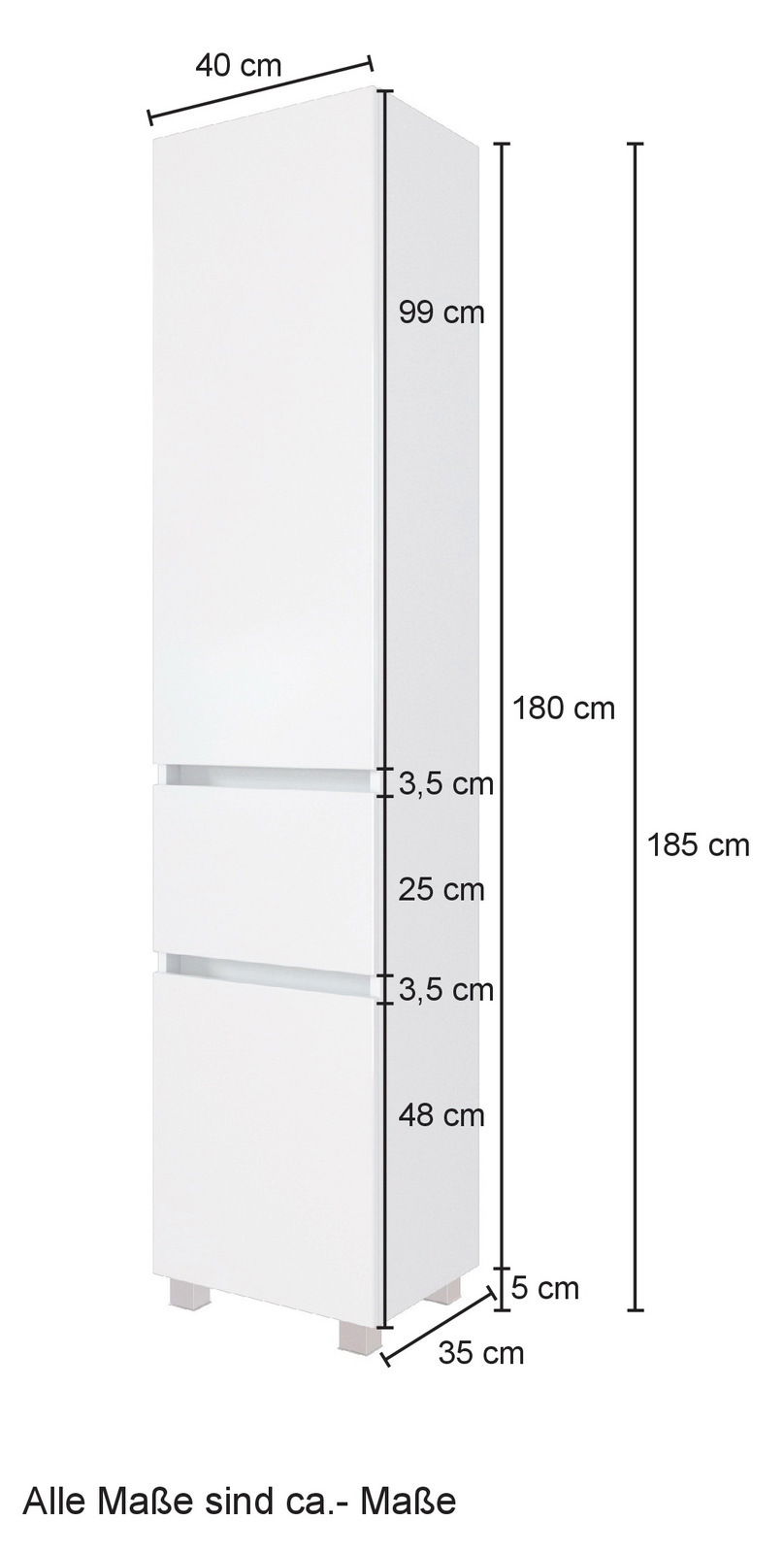 Hochschrank in Weiß mit zwei Schubladen und einem großen Fach, Maße: 185 cm hoch, 40 cm breit, 35 cm tief, seitliche Perspektive